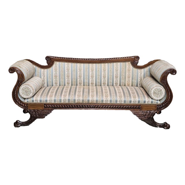 Antique American Empire Style Carved Mahogany Sofa Wing Legs Claw & Ball Feet For Sale