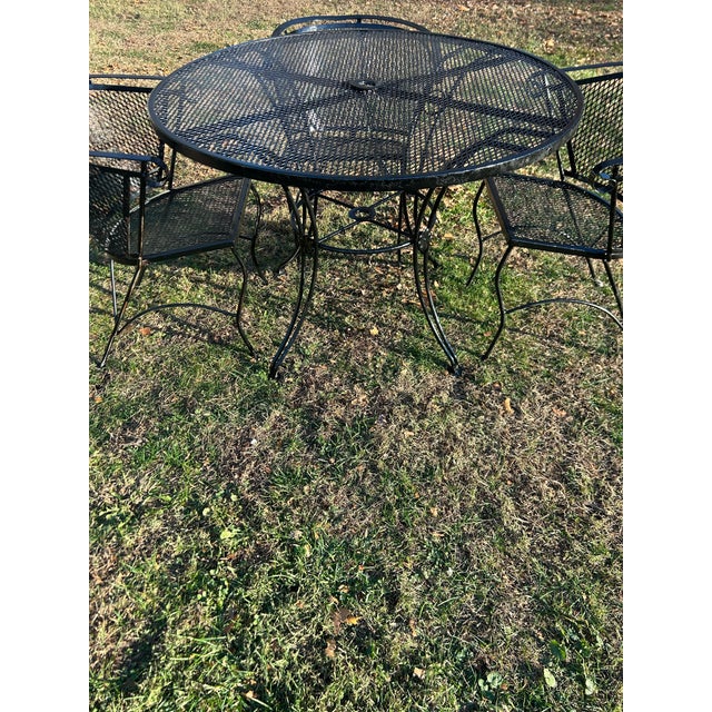 American 1970s Beautiful Vintage Woodard Wrought Iron Patio Set Table and 4 Barrel Chairs, Attributed For Sale - Image 3 of 6