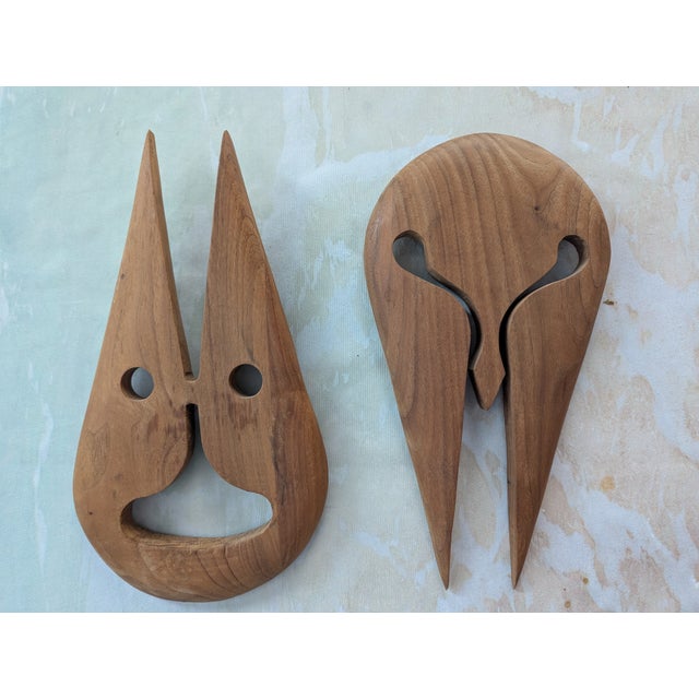 Wood 1970s Vintage Mid-Century Modern Abstract Teak Wood Wall Masks - A Pair For Sale - Image 7 of 12