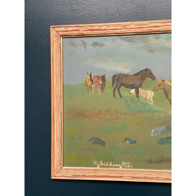 Original Vintage Swedish Oil on Panel – “Hästar på äng, Revinge” by Sigfrid Bengtsson – Signed – Framed – 55 × 42 cm...