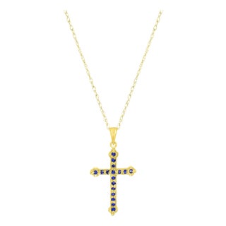 Sapphire Gold Cross Necklace 14k Yellow Gold 16" For Sale