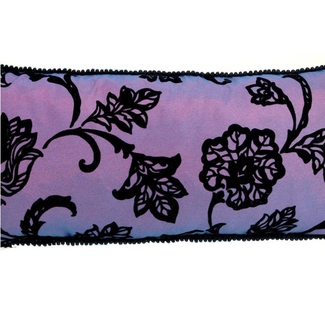 Textile Embossed Velvet Floral Flock Lumbar Pillow With Pompom Trim For Sale - Image 7 of 12