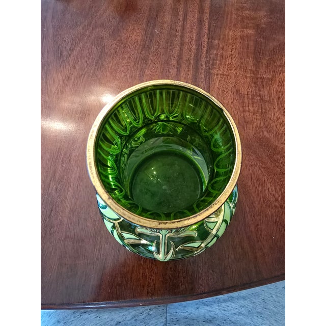 1900 - 1909 Antique Moser Bohemian Glass Emerald Green Gilded Vase For Sale - Image 5 of 11