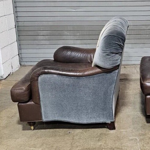 Wood Late 20th Century Baker Brown Leather & Blue Suede Club Armchair For Sale - Image 7 of 8