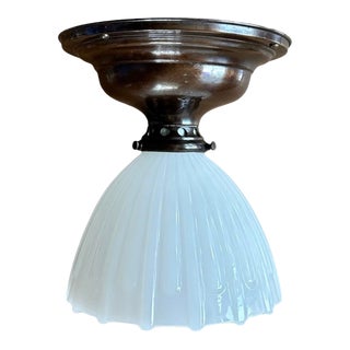 Clam Broth Shade on Original Brass Patina Flush Mount Holder, Circa 1920 For Sale