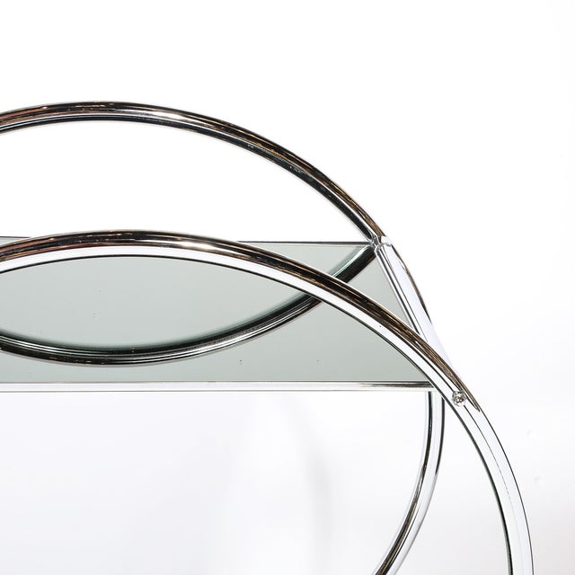 Art Deco Style Round Form Tubular Two-Tier Bar Cart in Chrome and Smoked Mirror For Sale In New York - Image 6 of 13