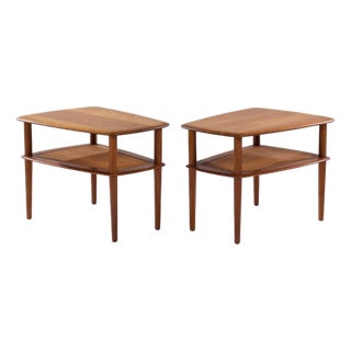 Peter Hvidt for France and Son Mid Century Danish Teak and Cane Side End Tables - Pair For Sale
