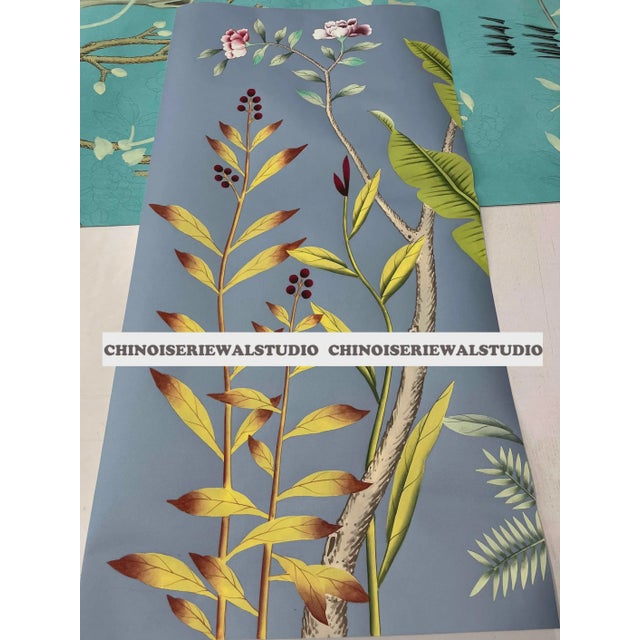 Chinoiserie Tropical Hand-Painted Wallpaper Panels, Soft Blue Background With Floral & Palm Mural, Set of 6 For Sale - Image 6 of 7