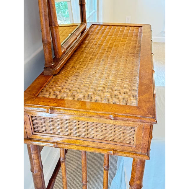 American of Martinsville Vintage Coastal Faux Bamboo Rattan Vanity Desk Console With Detachable Mirror For Sale - Image 10 of 17