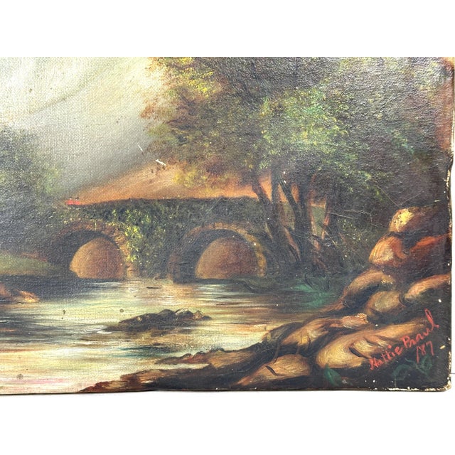 19th Century Antique Folk Art Oil Painting Scenic Church Bridge Setting, artist signed & dated For Sale - Image 5 of 10