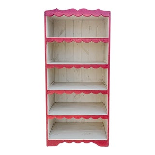 Early 20th Century Early American Scalloped Trim Red Wooden Bookcase For Sale