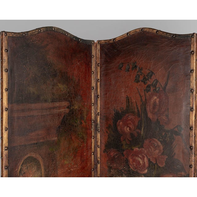 1920s Vintage Spanish Baroque Painted Leather Folding Screen For Sale - Image 5 of 12