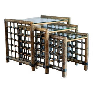 Vintage Nesting Tables in Bamboo with Glass Top from Gallotti & Radice, 1970, Set of 3 For Sale