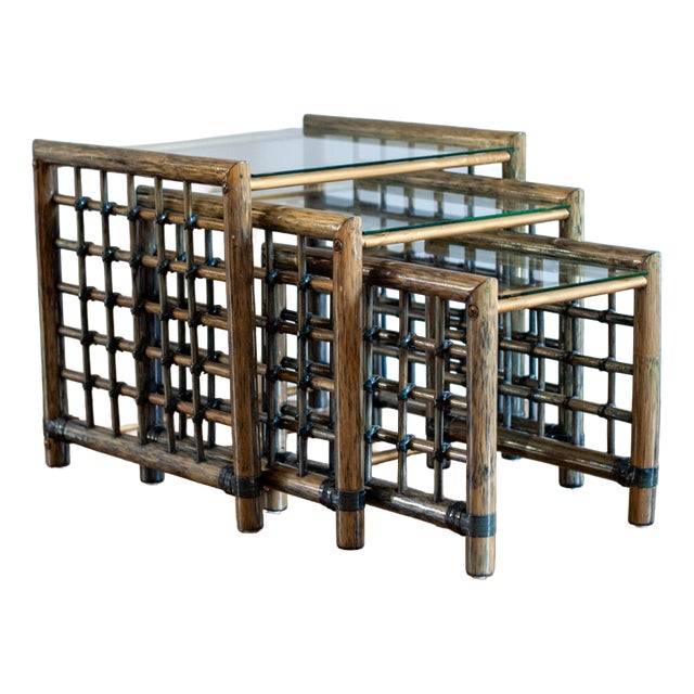 Vintage Nesting Tables in Bamboo with Glass Top from Gallotti & Radice, 1970, Set of 3 For Sale