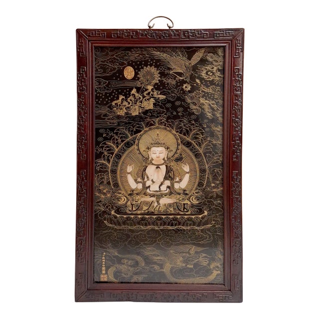 Chinese Framed Porcelain Buddhist Temple Plaque Bodhisattva Chenrezig For Sale