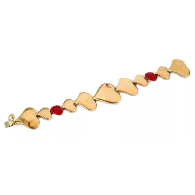 Contemporary Louis Vuitton Gold Plated Red Enamel Heart Link Bracelet For Sale - Image 3 of 5
