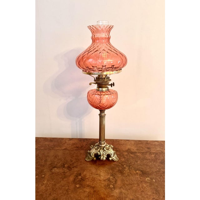 Antique Edwardian Cranberry Glass and Brass Oil Lamp, 1900 For Sale - Image 3 of 7