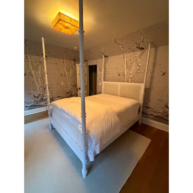 Oly Studio White Lacquer Bamboo-Style Queen Canopy Bed With Cane Headboard Attributed to Oly Studio For Sale - Image 4 of 5