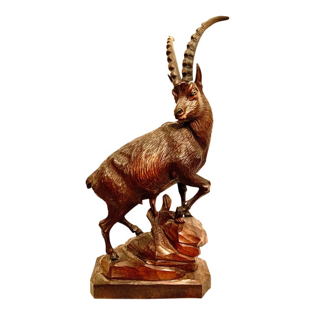 Mid 20th Century Large Black Forest Wooden Ibex Carving For Sale