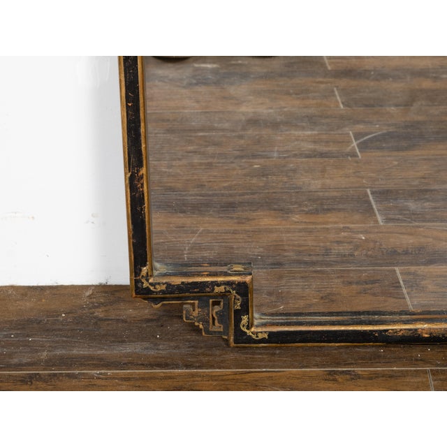 Gold Mid 20th Century English Painted Mirror with Carved Crest and Chinoiserie Inspired Motifs For Sale - Image 8 of 10
