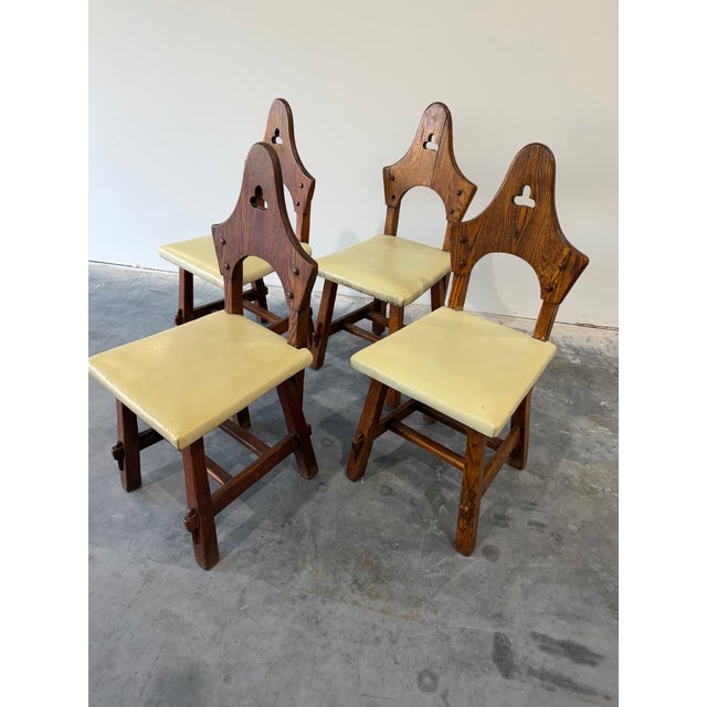 Arts & Crafts Late 20th Century Brutalist Arts and Crafts Keyhole Dining Chairs, Set of 4 For Sale - Image 3 of 12