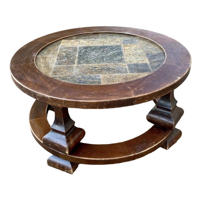 Round Coffee Table in Stone and Wood, 1980s For Sale