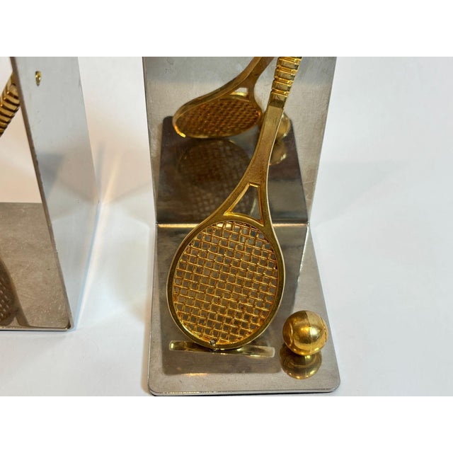 Late 20th Century Pair of Vintage Brass and Chrome Tennis Racket and Ball Bookends C. 1980s Usa For Sale - Image 5 of 10