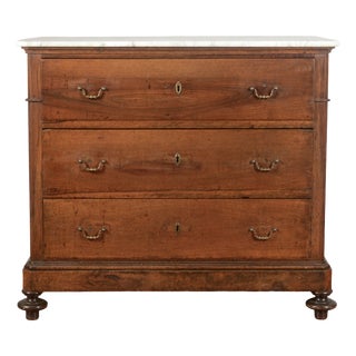 Three-Drawer Walnut Chest of Drawers with White Marble Top, 1800s For Sale