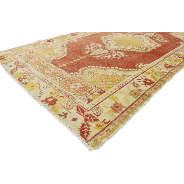 52702 Vintage Turkish Oushak Rug, 03'08 x 06'07. A woven ode to Anatolian heritage, this hand-knotted wool vintage Turkish...