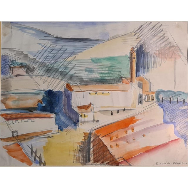 Early 20th century Cubist influenced watercolour on paper of a factory in a landscape by English artist E Corvin-Pearson....