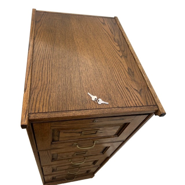 Vintage Tiger Oak File Cabinet Four Drawers One Locks Paneled Sides Legal SIze For Sale - Image 4 of 12