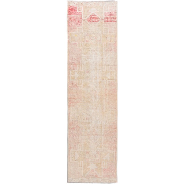 Vintage Turkish Shabby Chic Beige and Pink Handmade Geometric Wool Runner For Sale - Image 10 of 10