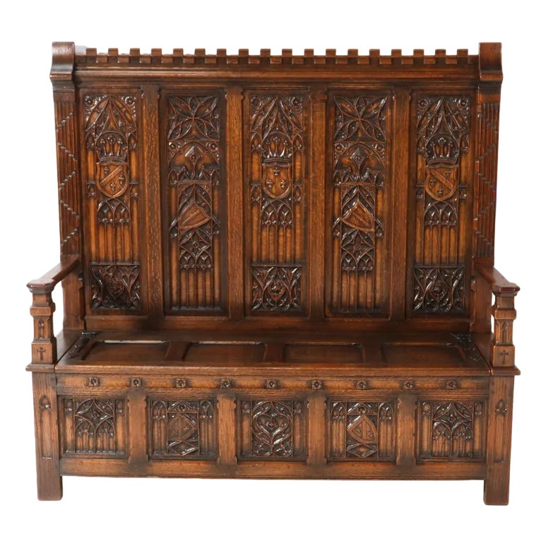 Gothic Revival Oak High Back Hall Bench, 1900s | Chairish