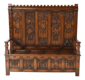Gothic Revival Oak High Back Hall Bench, 1900s