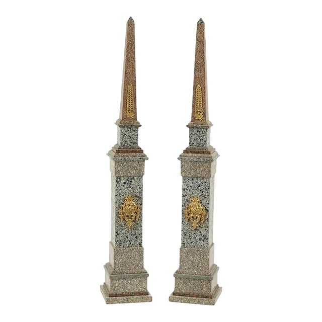 Monumental Neoclassical Grand Tour Ormolu Mounted Marble Obelisks on Pedestals For Sale