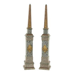 Monumental Neoclassical Grand Tour Ormolu Mounted Marble Obelisks on Pedestals