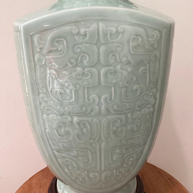Antique Big & Heavy Celadon Glazed Crackle Porcelain Double Ear Vase Marked With Stand For Sale - Image 9 of 12