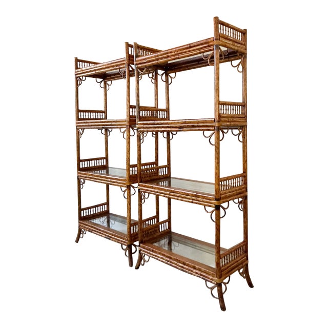 Vintage Boho Tortoise Bamboo Etagere - A Pair For Sale