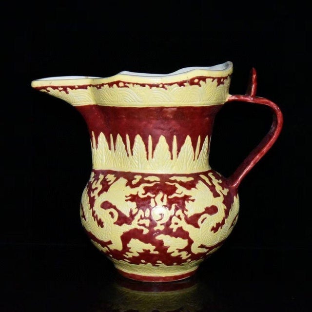 Mid 20th Century Chinese Red & Yellow Wucai Monk’s Cap Ewer, Chinese Dragon Pattern Porcelain Pitcher For Sale In New York - Image 6 of 9