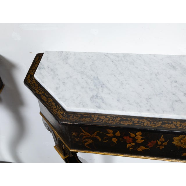 English Chinoiserie Black and Gold Console Tables with White Marble Tops, a Pair For Sale - Image 11 of 12