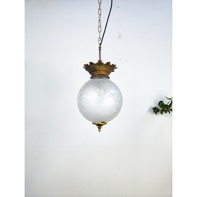 Antique Etched Glass Globe Pendant Light with Brass Gallery For Sale - Image 10 of 10