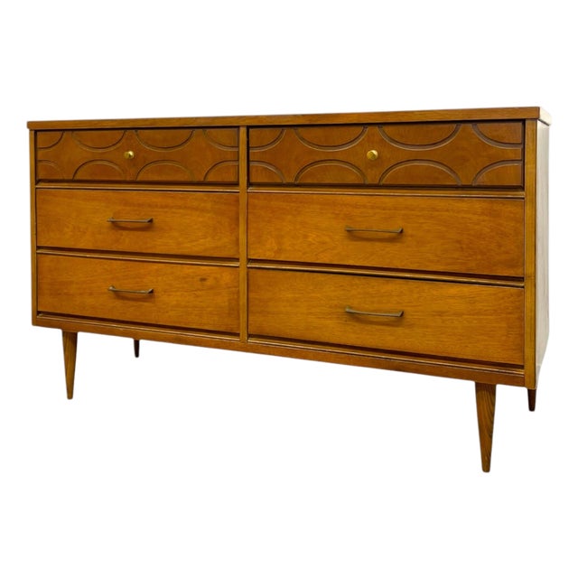 Vintage Bassett Mid Century Modern Walnut Double 6 Drawer Dresser With Carved Details. For Sale