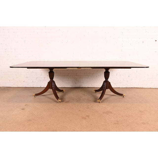 Baker Furniture Style Georgian Mahogany Double Pedestal Extension Dining Table, Newly Refinished For Sale - Image 10 of 12