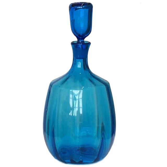 Vintage Blenko Glass, 1960s Blue Blenko Ribbed Decanter Design by John Nickerson For Sale - Image 9 of 9