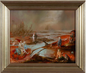 Tomasz Steifer, Surrealist Landscape with Figures, Oil on Panel, Framed