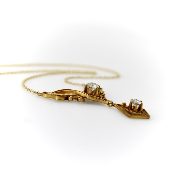Metal Late 19th Century Victorian 14k Gold Filigree and Old European Cut Diamond Pendant Necklace For Sale - Image 7 of 9