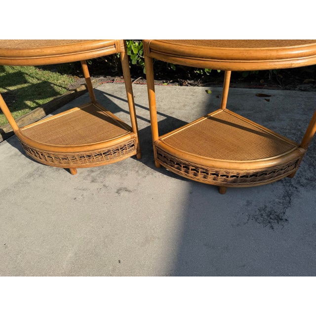 Wood Vintage Tall Palm Beach Coastal Woven Rattan Corner Étagères, Pair For Sale - Image 7 of 12