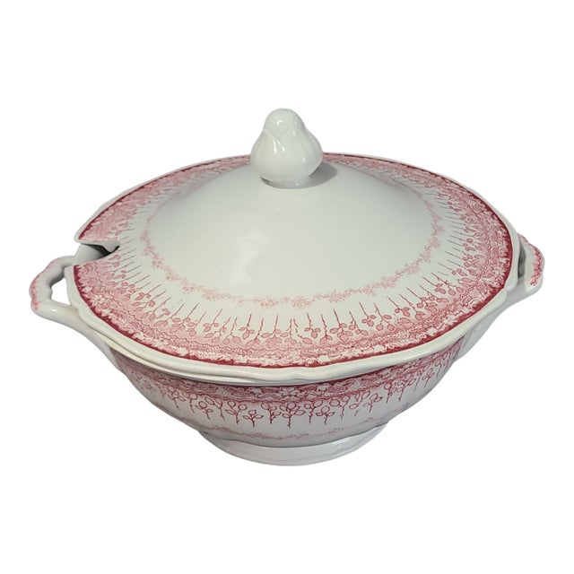Vintage Laveno Italian Red Transferware Covered Soup Tureen For Sale