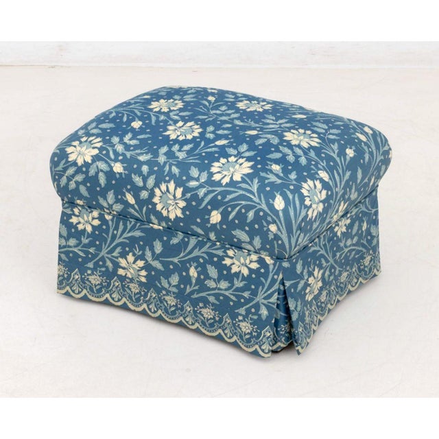 Blue Floral Print Upholstered Chair & Ottoman For Sale - Image 10 of 12