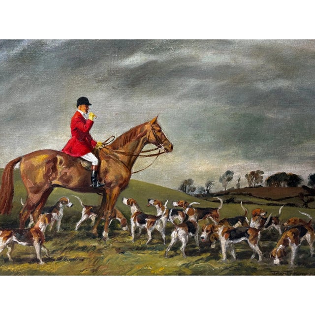 1 Large Postwar British Hunting Animal Portrait Oil Painting Red Coat Huntsman With Hound Dogs Fernie Hunt Leicestershire...